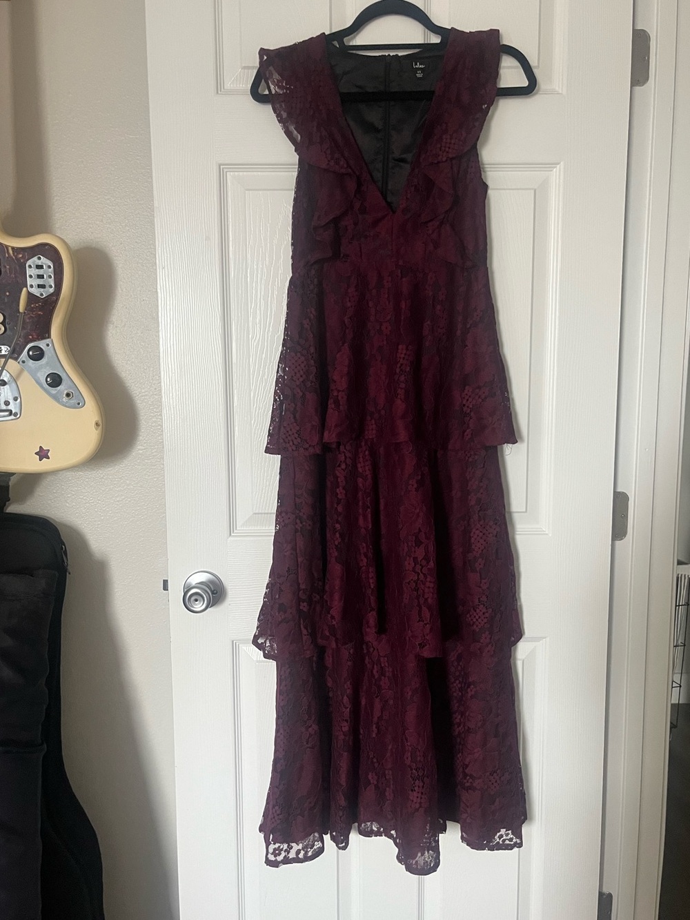 Lulu's Wine Burgundy Lace Ruffle Tiered V-Neck Maxi Dress